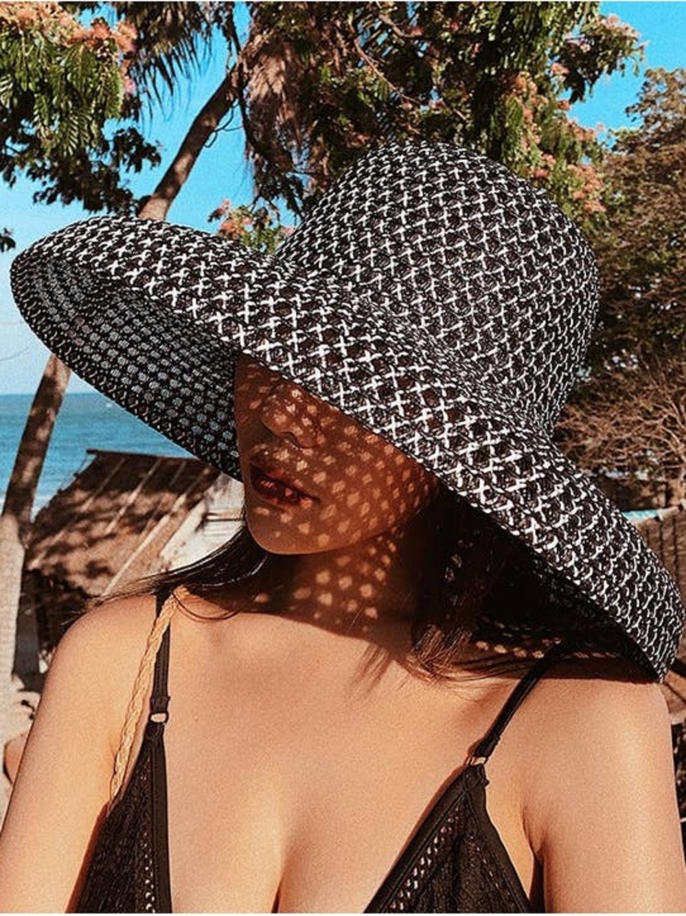 Wide Brim Straw Sun Hat - Black & White